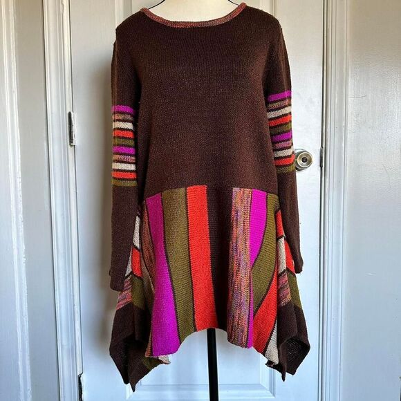 Sweaters - MIRROR IMAGE Women's Brown & Multicoloured Striped Sweater, Size Medium
